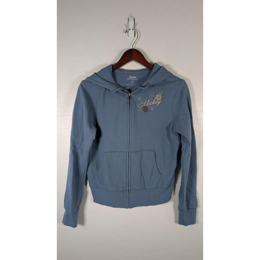 Disneyland Hoodie Womens Small Blue Full Zip Mickey Mouse Floral Embroidered